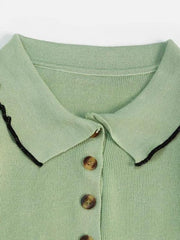Binding Lettuce Trim Henley Knit Sweater for Women