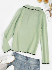 Binding Lettuce Trim Henley Knit Sweater