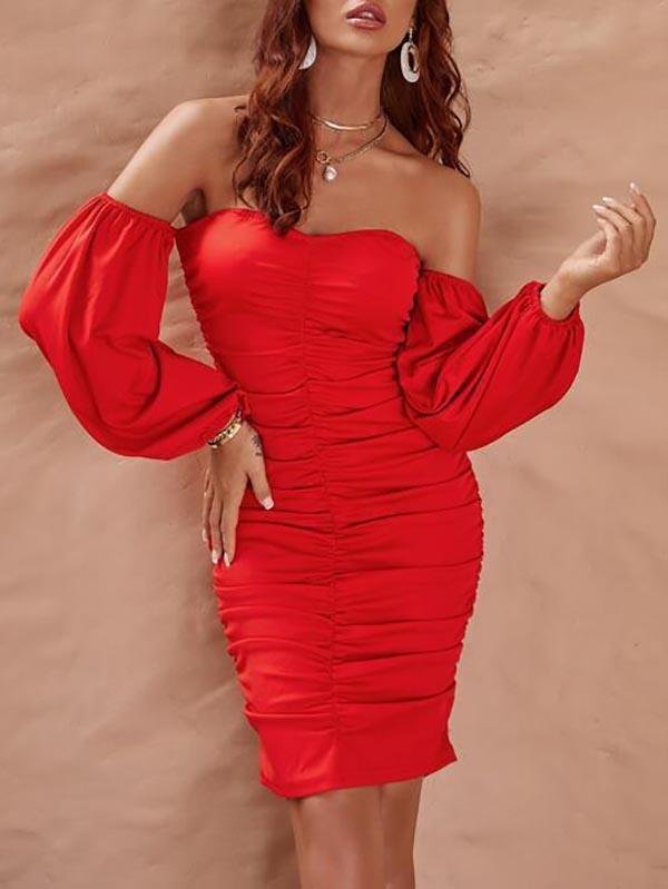 Bishop Sleeve Ruched Bardot Dress for Women