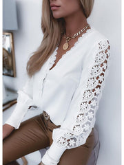 Blouse Lace Solid Colored Basic V Neck Standard Winter White for Women