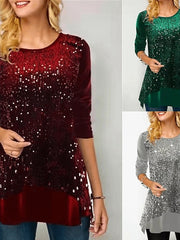 Blouse Wine Gray Solid Color Sequins Long Sleeve Daily Going out Casual Crew Neck Regular L for Women