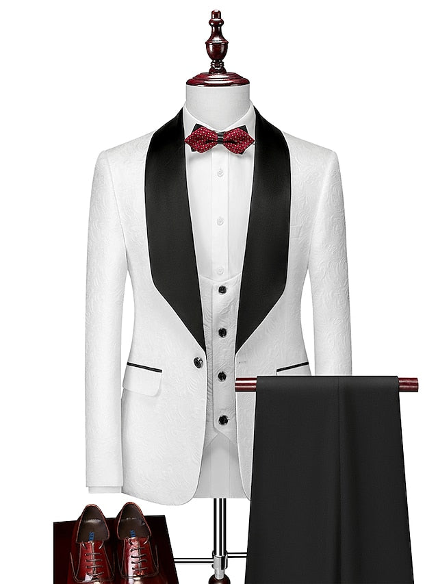 Black White Champagne Men's Wedding Party / Evening Valentine's Day Tuxedos 3 Piece Solid Colored Standard Fit Single Breasted One-button