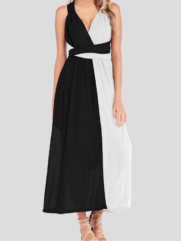 Black And White Stitching V-neck High Waist Dress for Women