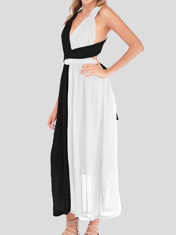 Black And White Stitching V-neck High Waist Dress for Women