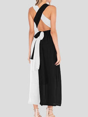 Black And White Stitching V-neck High Waist Dress for Women