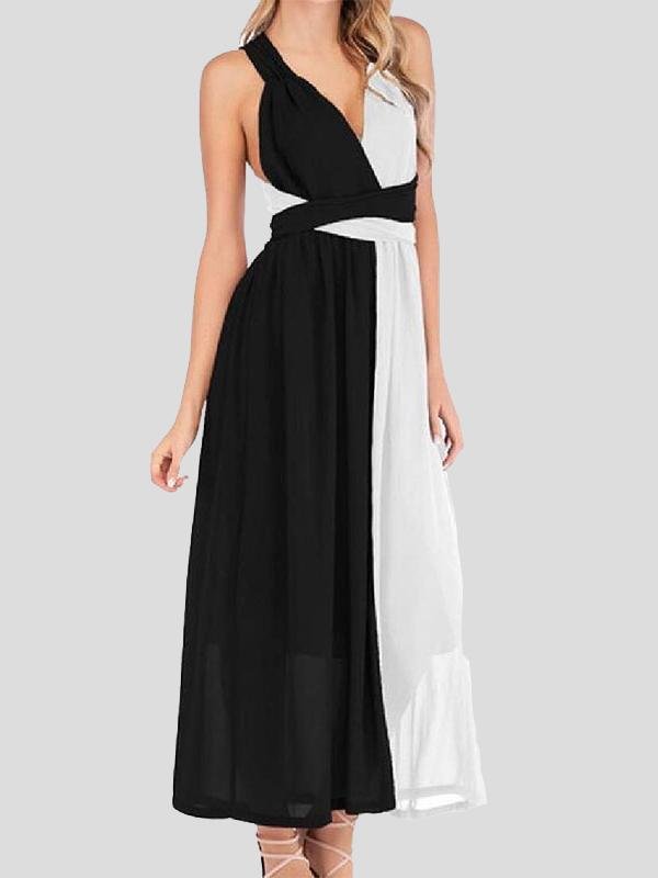 Black And White Stitching V-neck High Waist Dress for Women