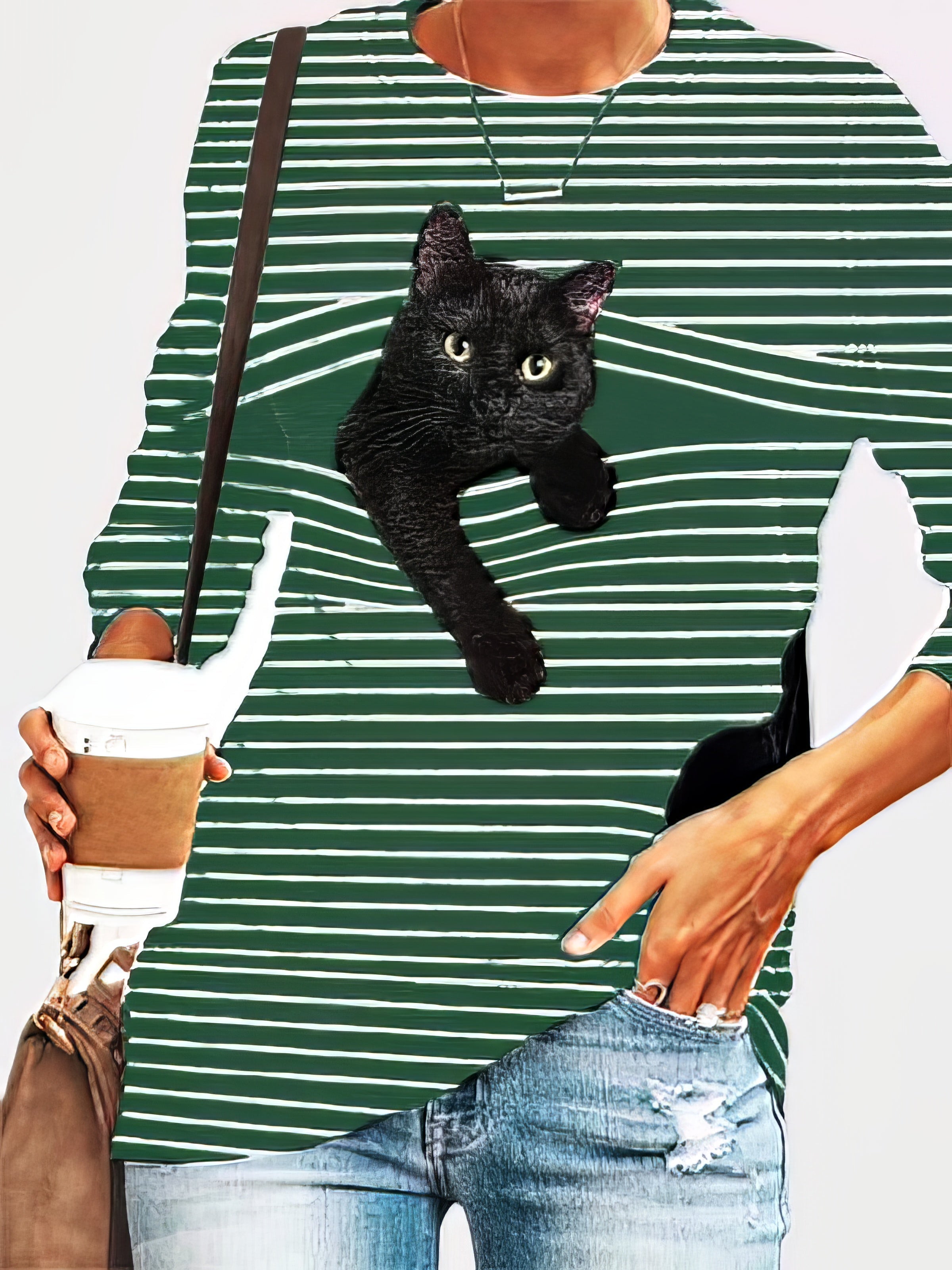 Black Cat Print Long Sleeve Round Neck White Striped Plus Size T-shirt