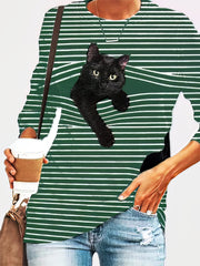 Black Cat Print Long Sleeve Round Neck White Striped Plus Size T-shirt