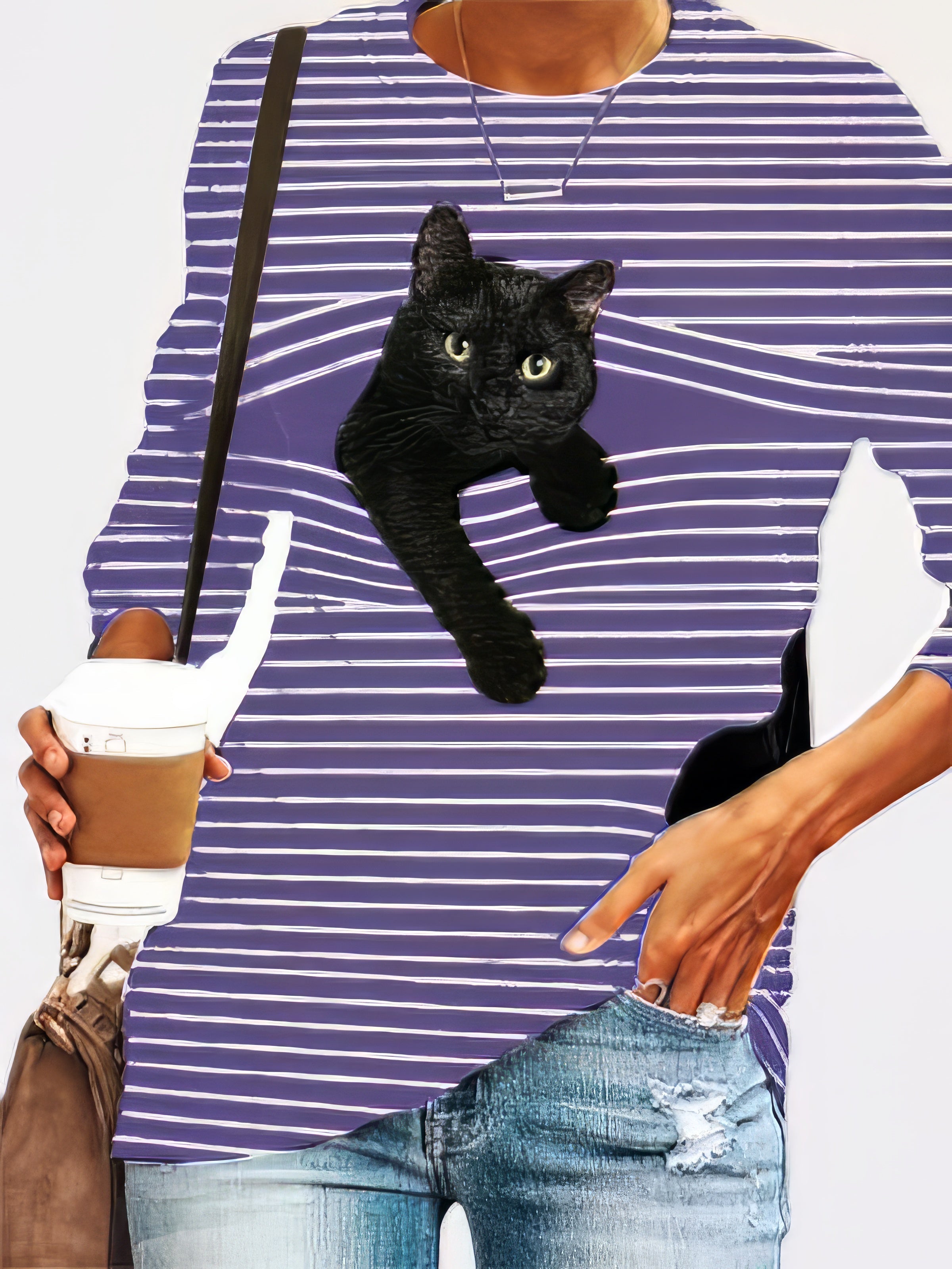 Black Cat Print Long Sleeve Round Neck White Striped Plus Size T-shirt