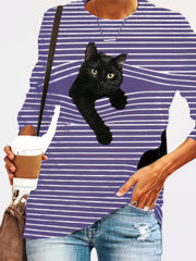 Black Cat Print Long Sleeve Round Neck White Striped Plus Size T-shirt