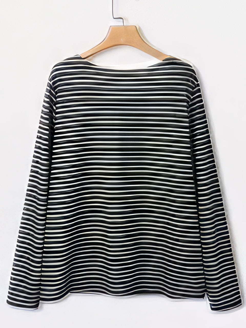 Black Cat Print Long Sleeve Round Neck White Striped Plus Size T-shirt