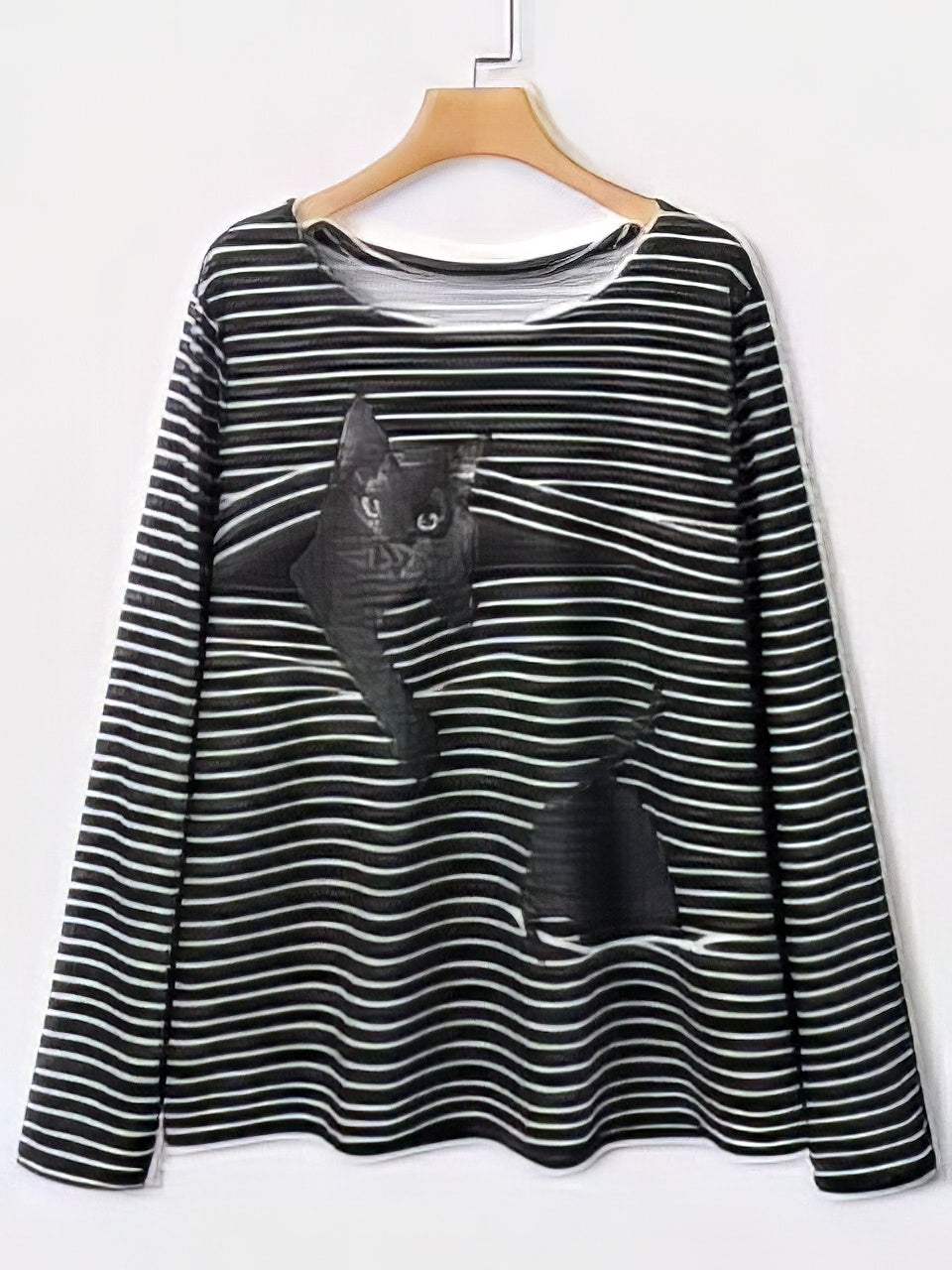 Black Cat Print Long Sleeve Round Neck White Striped Plus Size T-shirt