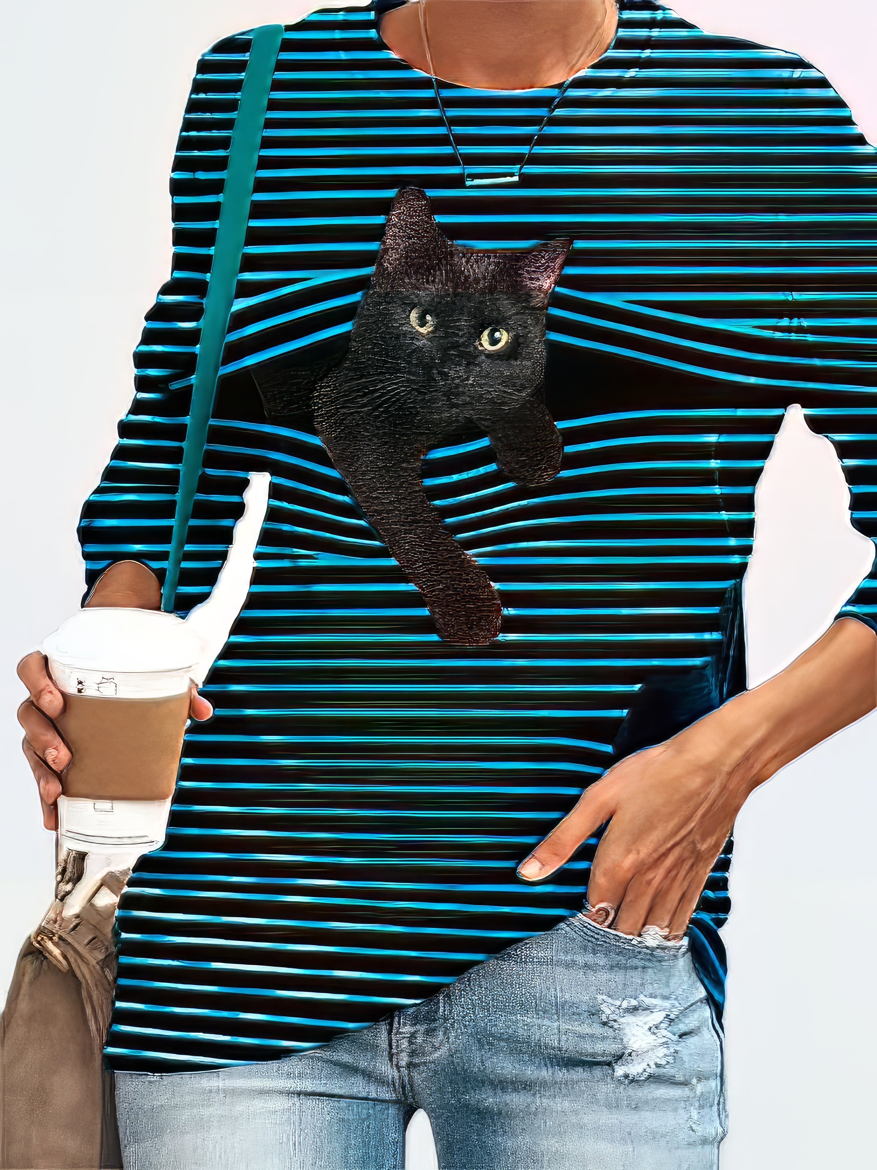 Black Cat Print Long Sleeve Round Neck White Striped Plus Size T-shirt