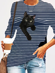 Black Cat Print Long Sleeve Round Neck White Striped Plus Size T-shirt