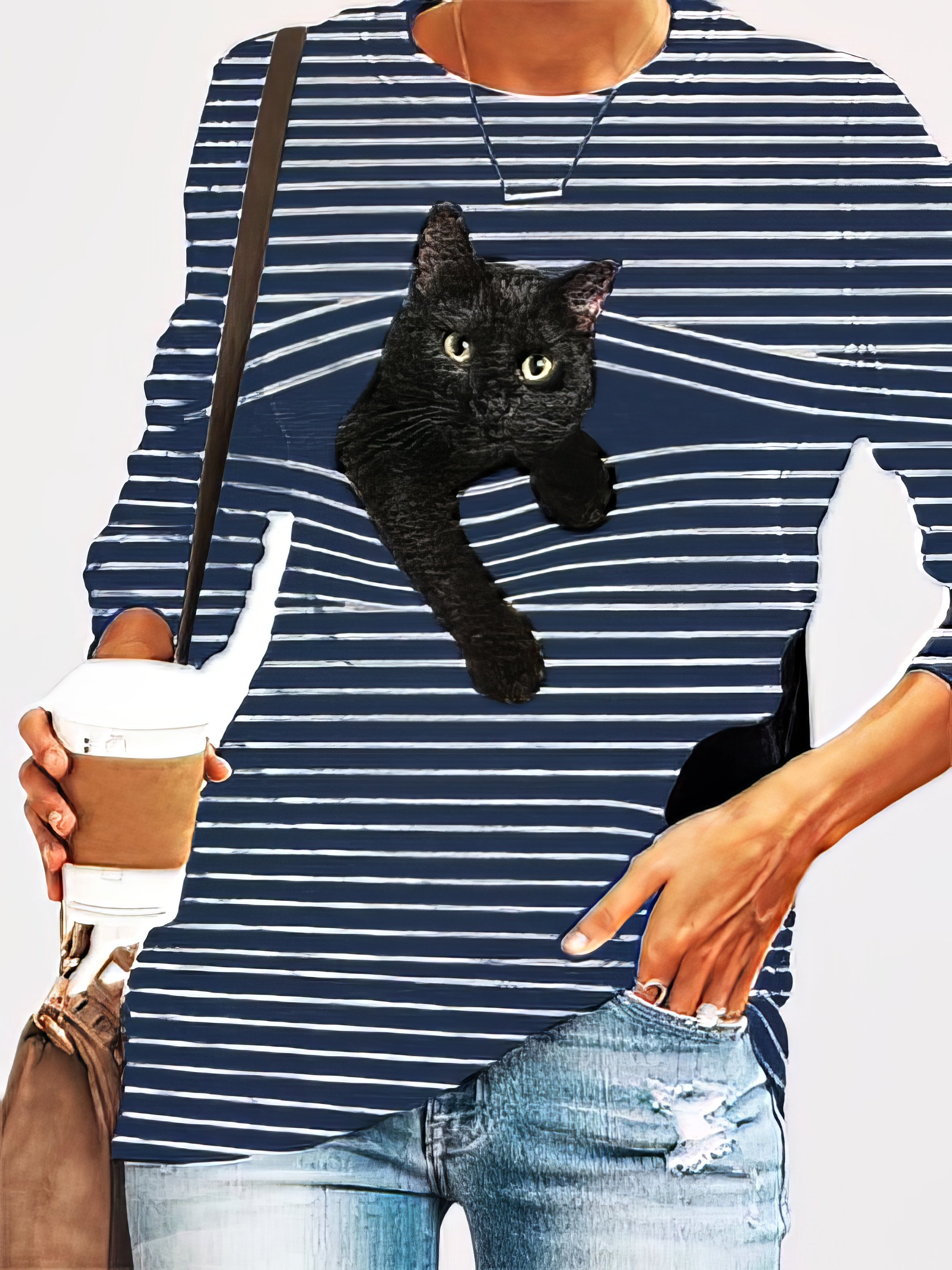 Black Cat Print Long Sleeve Round Neck White Striped Plus Size T-shirt