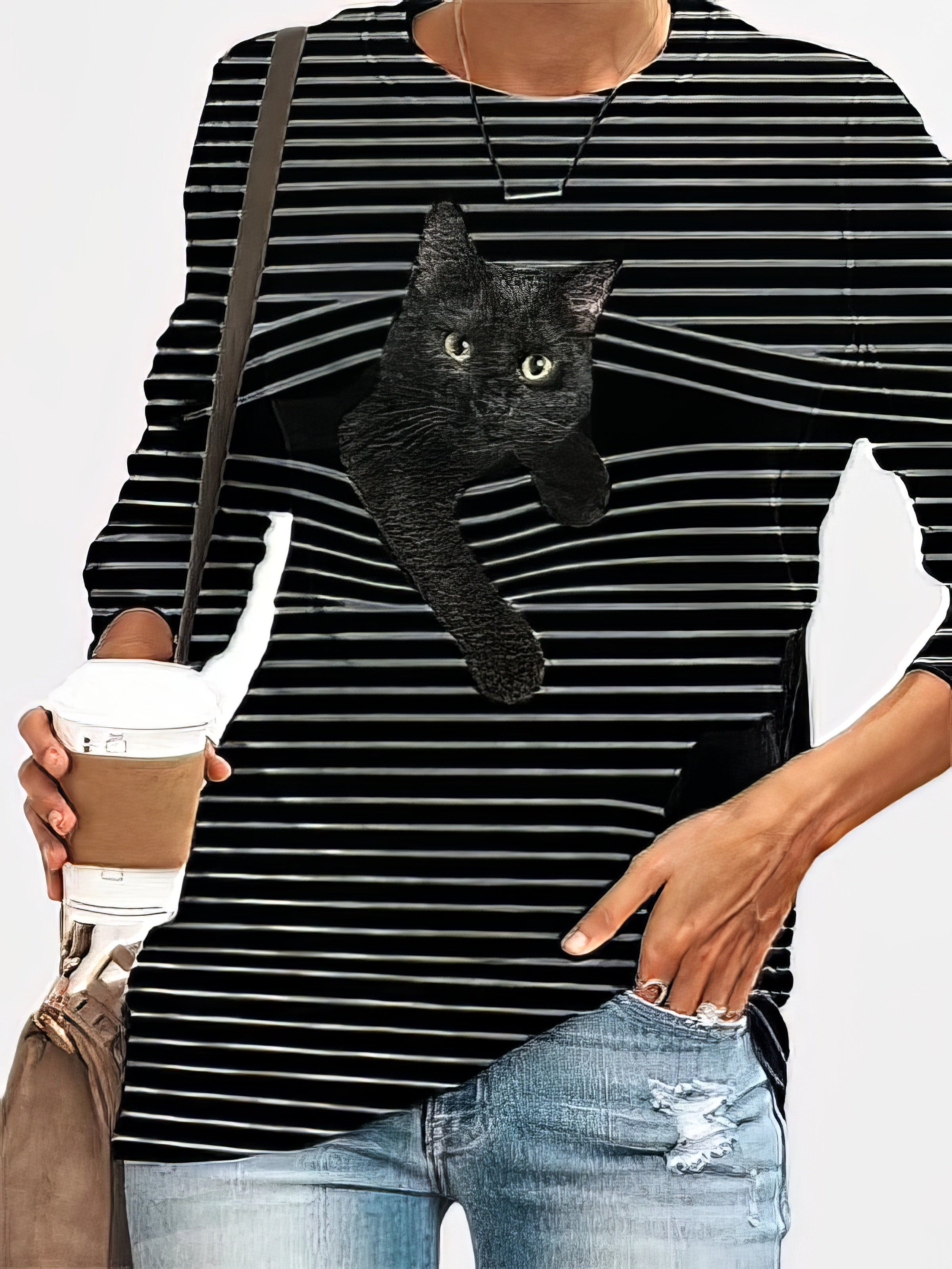Black Cat Print Long Sleeve Round Neck White Striped Plus Size T-shirt