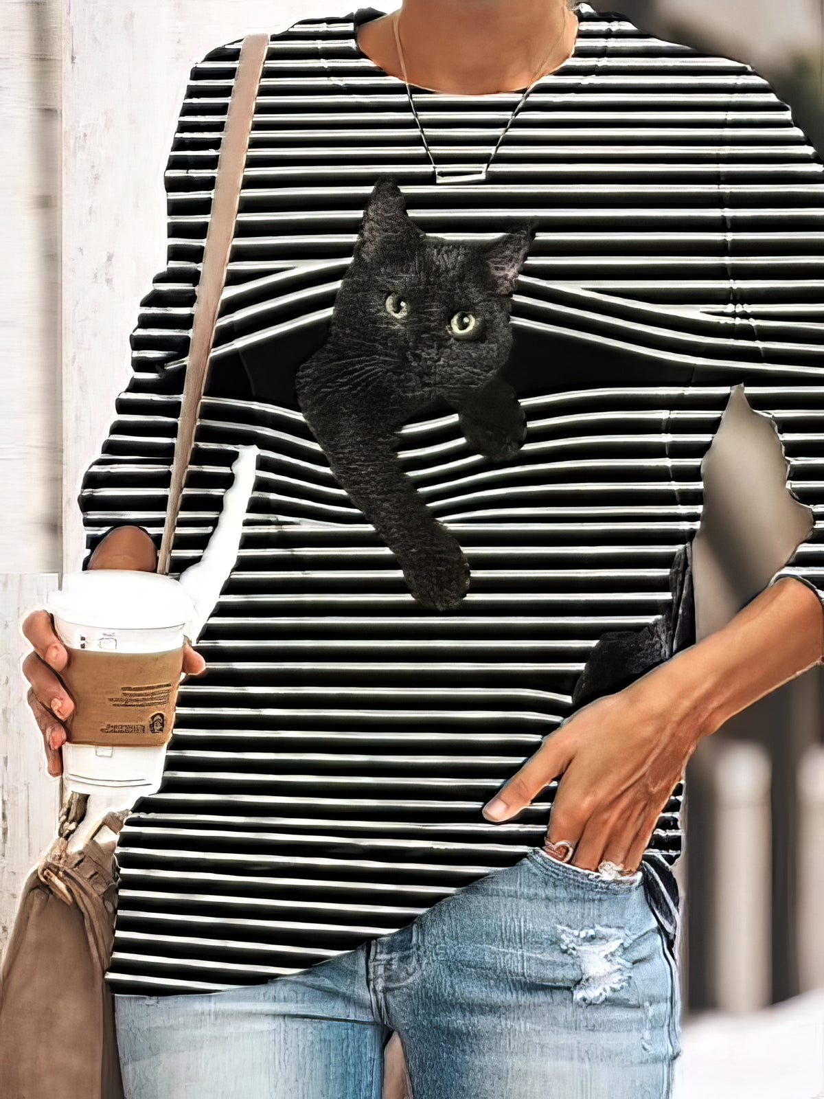 Black Cat Print Long Sleeve Round Neck White Striped Plus Size T-shirt