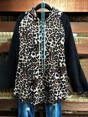 Black Cotton-Blend Leopard Long Sleeve Hoodies for Women