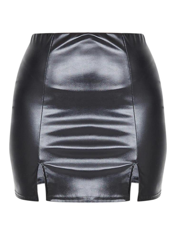 Black Faux Leather Split Hem Mini Skirt for Women