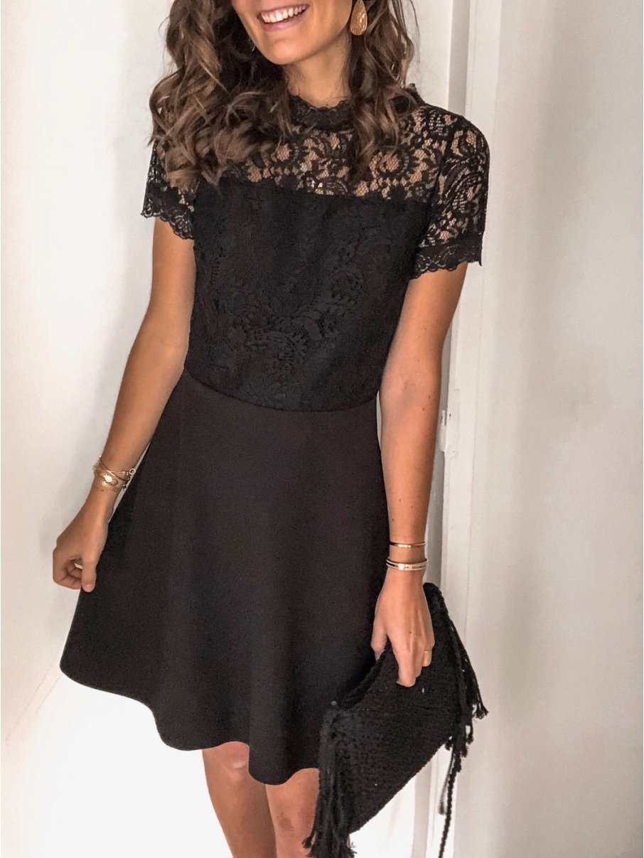 Black Lace Short Sleeve Mini Dress for Women