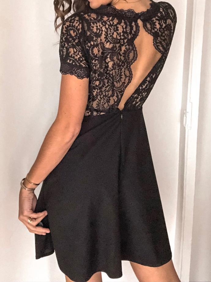 Black Lace Short Sleeve Mini Dress for Women