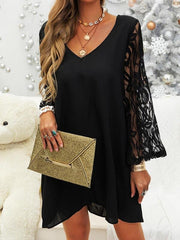 Black Lace Sleeve Casual Round Neck Dress for Women