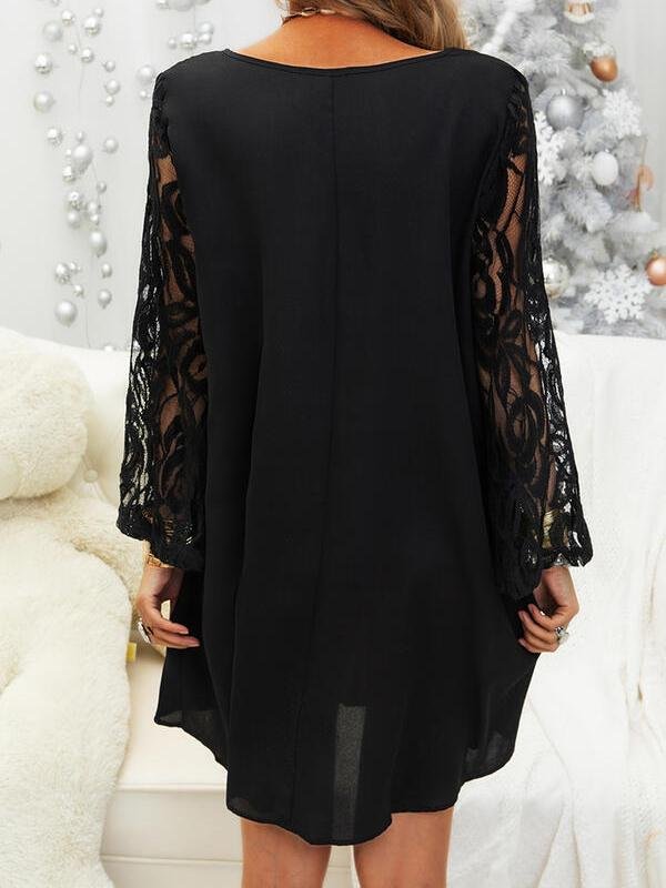 Black Lace Sleeve Casual Round Neck Dress for Women