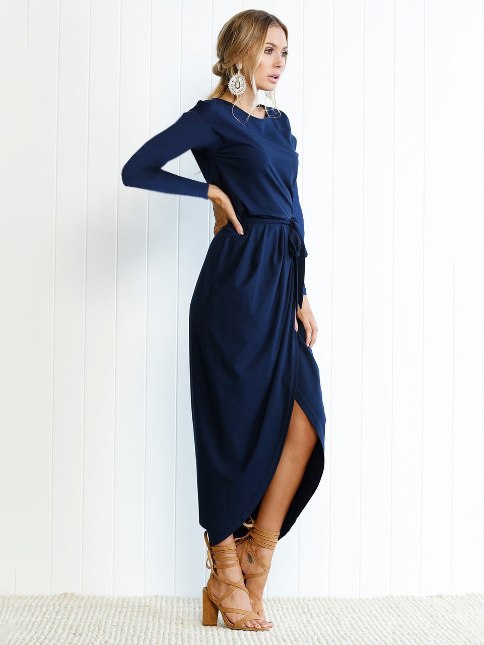 Black Solid Wrap Midi Dress for Women