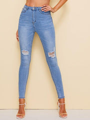 Bleach Wash High Waist High Stretch Skinny Jeans for Women