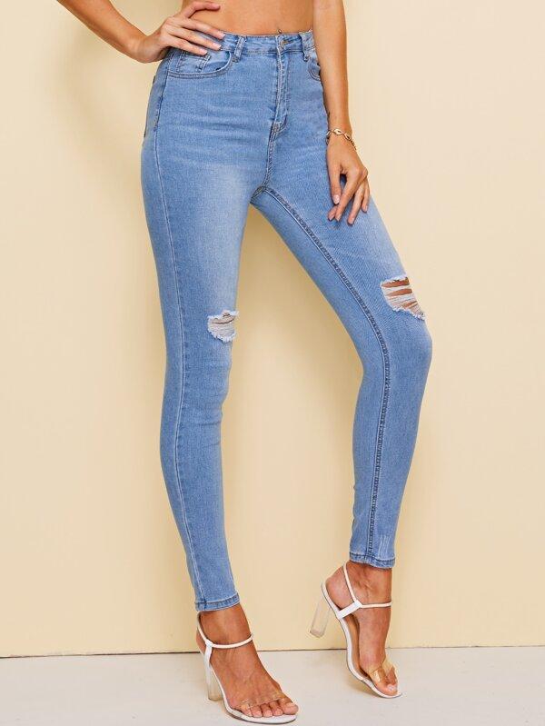 Bleach Wash High Waist High Stretch Skinny Jeans for Women