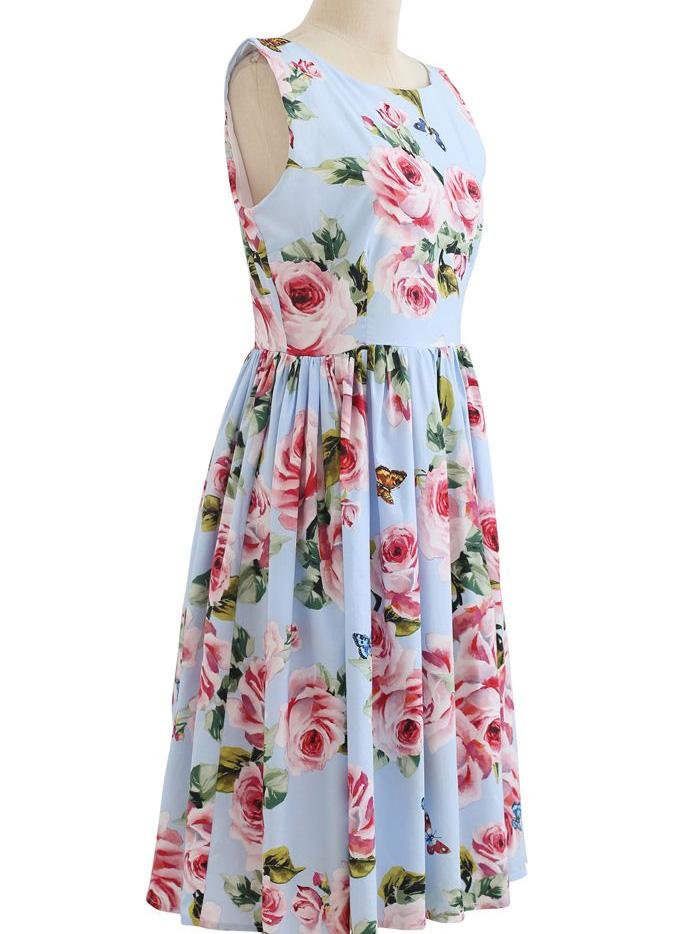 Blooming Pink Rose Printed Pleated Cotton Dress In Blue