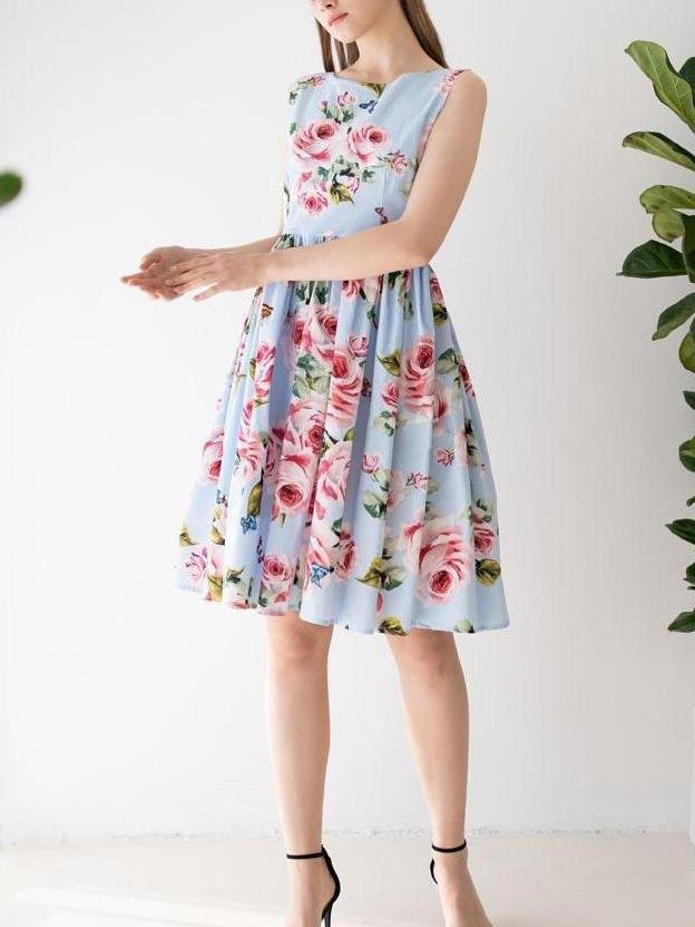 Blooming Pink Rose Printed Pleated Cotton Dress In Blue