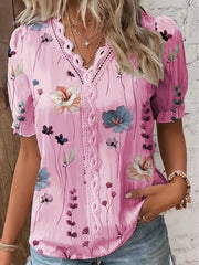 Boho Floral Print Lace Trim V-Neck Puff Sleeve Blouse