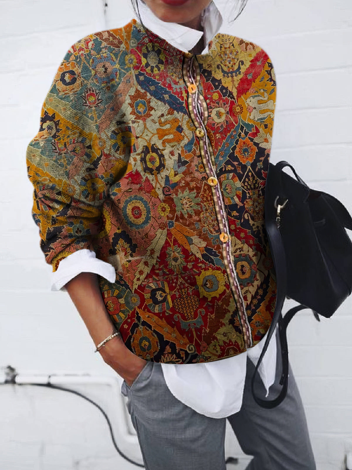 Brushed Geometric Print Button Long Sleeve Blouse