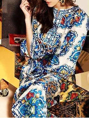 Blue And White Porcelain Print Long V Neck Dress for Women