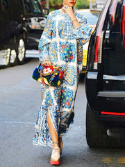 Blue And White Porcelain Print Long V Neck Dress for Women