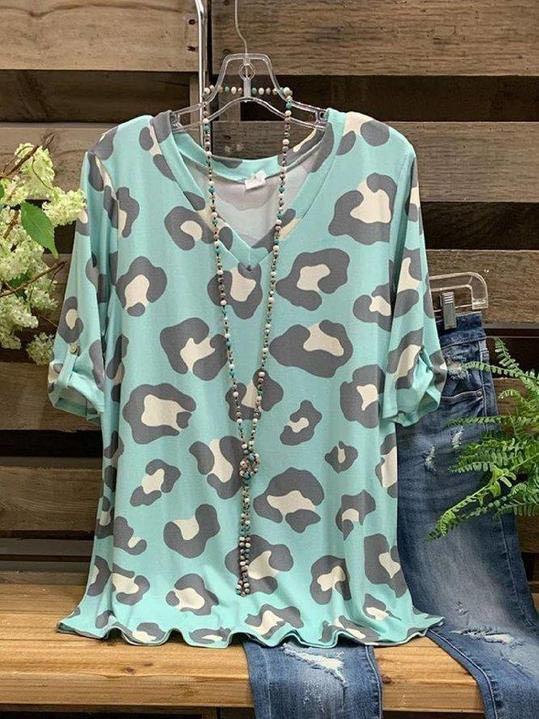 Blue Cotton-Blend Casual V Neck Leopard Tops for Women
