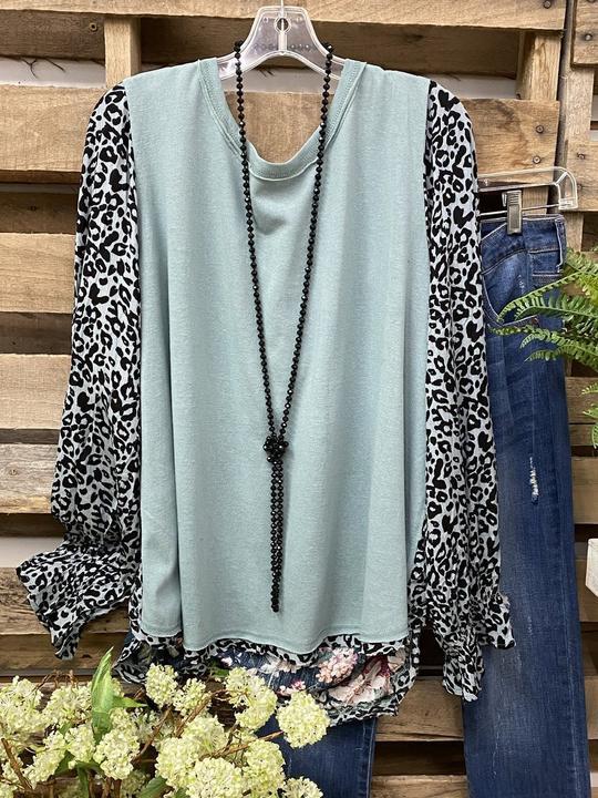 Blue Cotton-Blend Leopard Shift Long Sleeve Shirts & Tops
