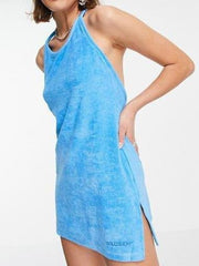 Blue Terry Cloth Off Shoulder Strappy Dress for Women