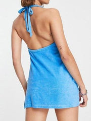 Blue Terry Cloth Off Shoulder Strappy Dress