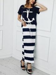 Boat Anchor Print T-Shirt & Striped Skirt Set