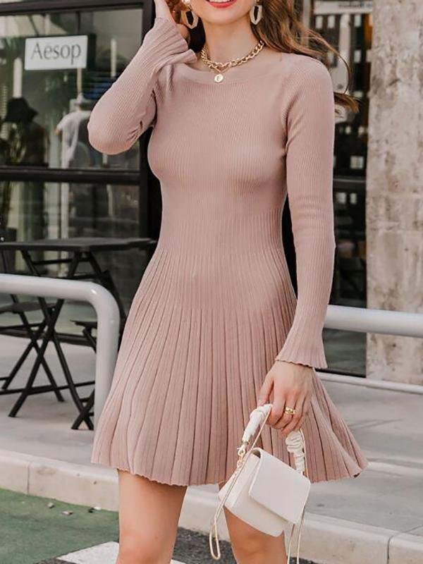 Boat Neck Ribbed Knit Sweater Dress Without Belt for Women