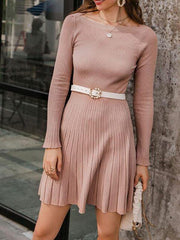 Boat Neck Ribbed Knit Sweater Dress Without Belt