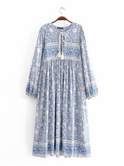 Bohemian Floral Print Neck Tie Maxi Dress