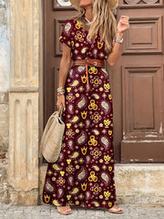 Bohemian Long Short Sleeve Printed V Neck Slit Dress - Drop Shoulder - Strappy