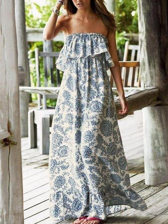 Bohemian Ruffle Tube Top Print Maxi Dress