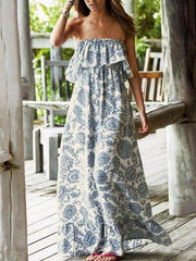 Bohemian Ruffle Tube Top Print Maxi Dress