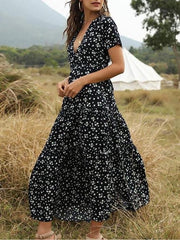 Bohemian Ruffled Floral V Neck Layer Maxi Dress for Women