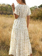 Bohemian Ruffled Floral V Neck Layer Maxi Dress for Women
