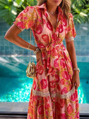 Bohemian Short-sleeved Printed Long Dress for Women